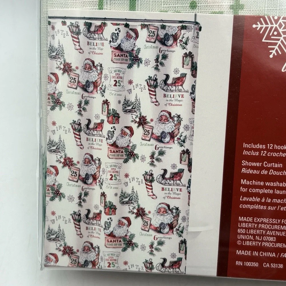 Vintage Santa Shower Curtain Hook Set 70x72 Christmas Bath Decor Gift Hooks NIP